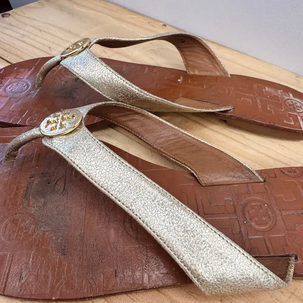 Tory Burch Manon Black Vachetta Leather Thong Sandals Flip Flops Size 8.5